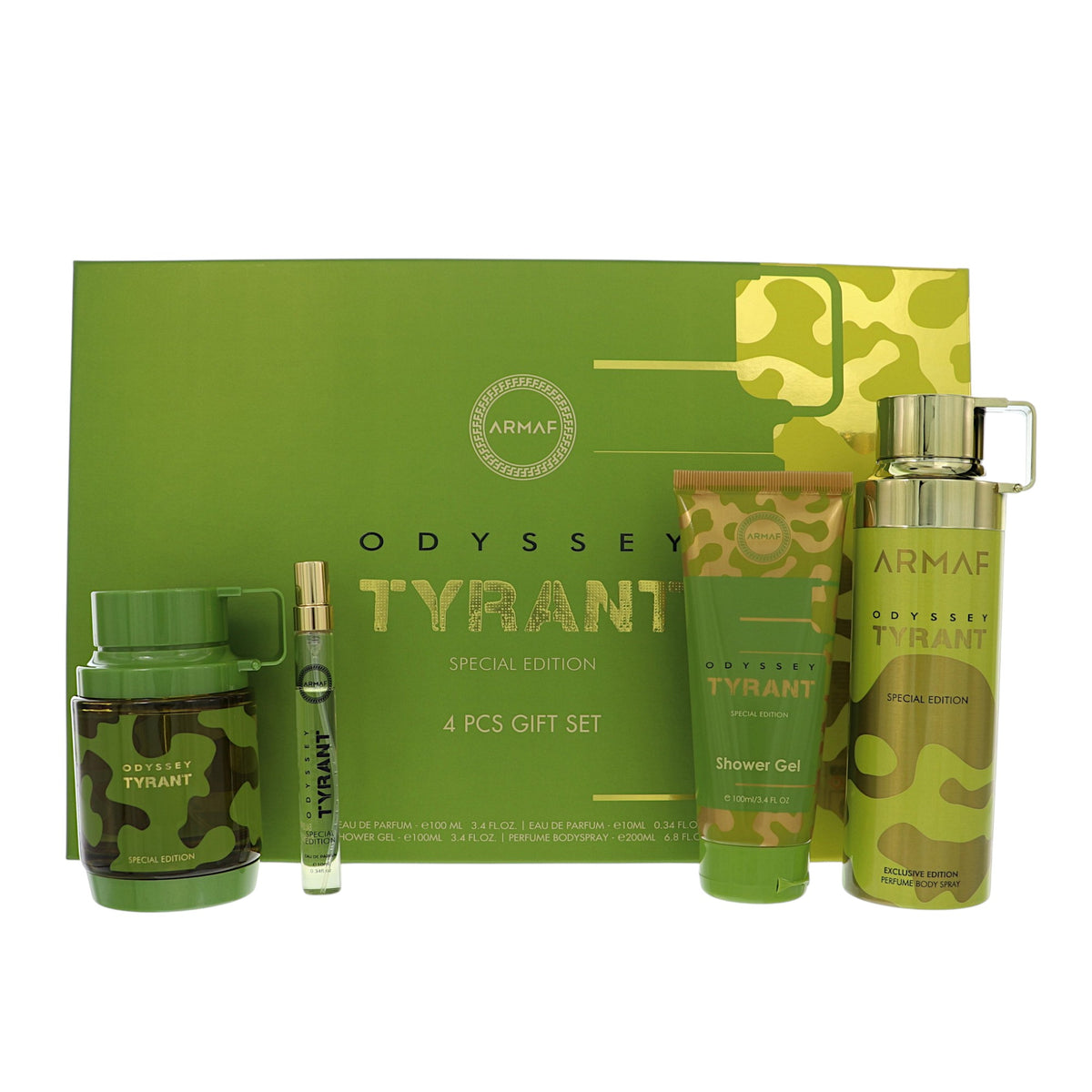 Odyssey Tyrant by Armaf for Men - 4 Piece Gift Set - 3.4 oz EDP Spray, 0.34 oz EDP , 6.8 oz Perfum Body Spray, 3.4 oz Shower Gel
